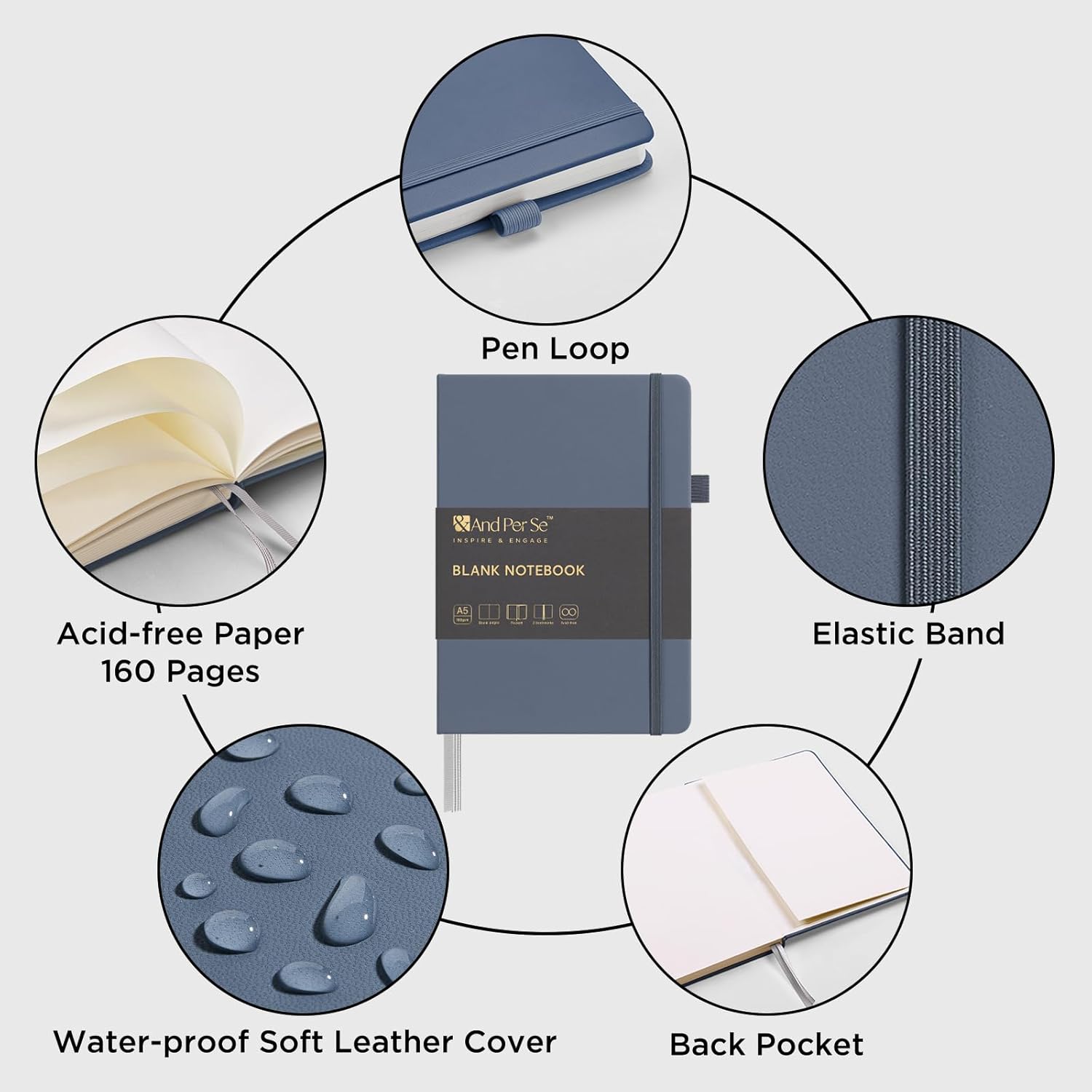 &And Per Se Blank Journal Notebook, 160 Pages, 5.7 x 8 inches College Ruled Thick Paper Notebook Journals for Writing, Hardcover Notebook(1 Pack, dark blue)