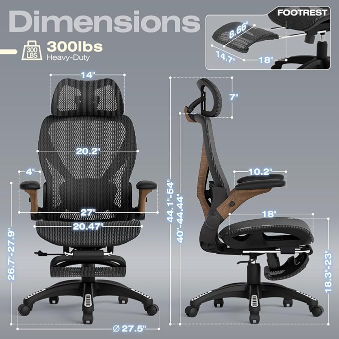 ELABEST X100 Ergonomic Office Chair with Footrest, Big and Tall Home Desk Chair with 5D Flip-Up Arms, Adjustable 5D Lumbar Support,High Back Rolling Computer Chair, Swivel Mesh Chairs (Library Oak)