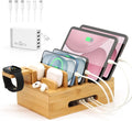 Bamboo Charging Station for Multiple Devices, Desk Wood Docking Station for Phones, Tablets, Watch, Earbuds, Charger Organizer Included 6 Cables & 5-Port USB Charger