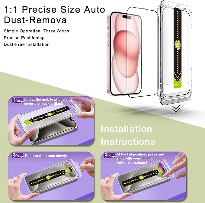[2-Pack Ultra HD Clear Screen Protector for iPhone 14 Pro/15/16 (6.1-Inch),9H Tempered Glass,Full Coverage,Anti-Fingerprint,Auto Dust Removal,Bubble-Free,Easy Installation