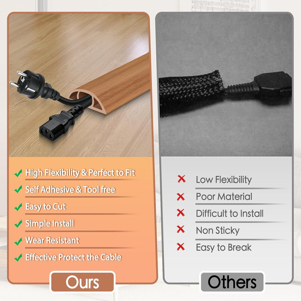 Floor Cord Cover for Wires on Floor Self Adhesive Cord Hider Floor Cable Management Wire Covers for Cords Protector Prevent Cable Trips Cord Cavity W 0.47" x H 0.27", Brown Wood, 3.3Ft
