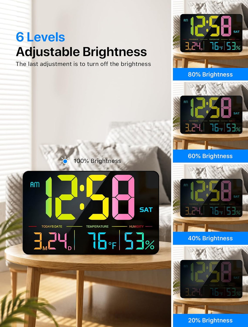 MASHI Digital Clock, 13" Large Display Digital Wall Clock, Adjustable Brightness Calendar Clock with Day and Date,DST,Alarms,Humidity,Temperature for Desk,Wall Mounted (Black Case Color Light)