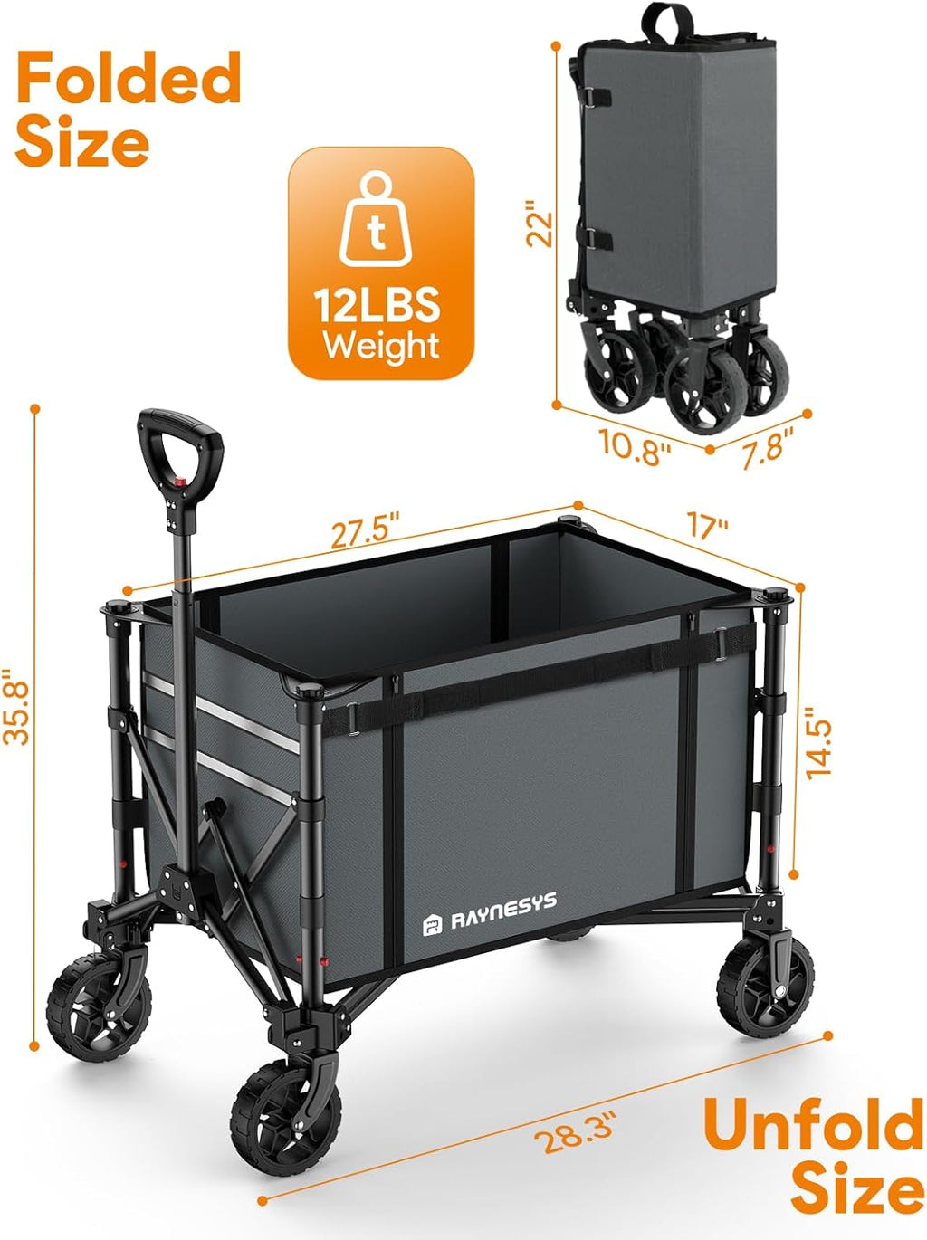 Collapsible Wagon Cart with Wheels 220lbs Foldable Wagon 120L Shopping Cart for Groceries Folding Utility Wagon for Beach, Garden, Camping, Sport, Apartment, Wheelbarrows, Gray