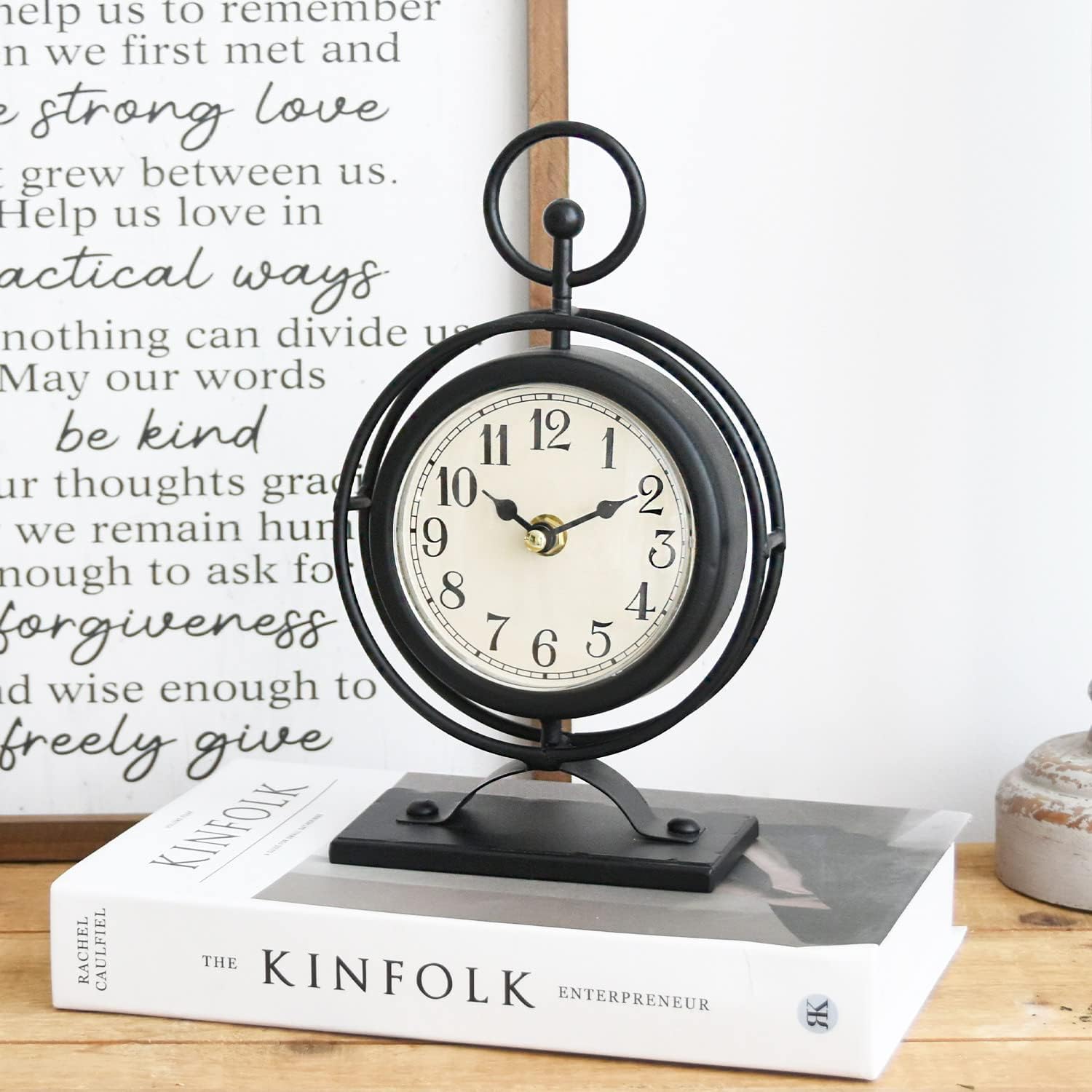 Small Vintage Metal Desk Clock, Decorative Table Clock for Living Room, Silent Mantel Clocks Farmhouse Shelf Decor Battery Operated, 9.5" Black