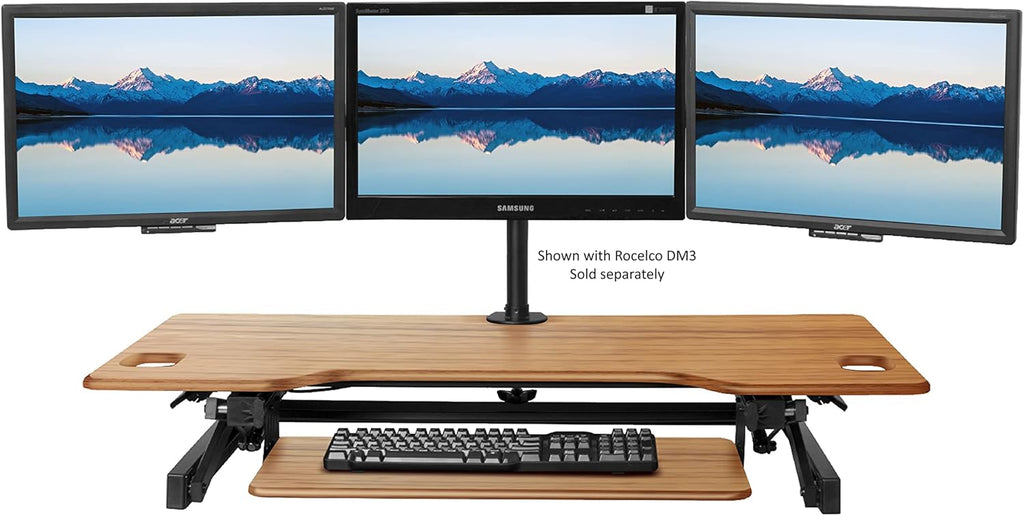 Rocelco 46" Large Height Adjustable Standing Desk Converter with Double Monitor Mount BUNDLE - Sit Stand Up Computer Workstation Riser - Retractable Keyboard Tray - Teak Wood Grain (R DADRT-46-DM2)
