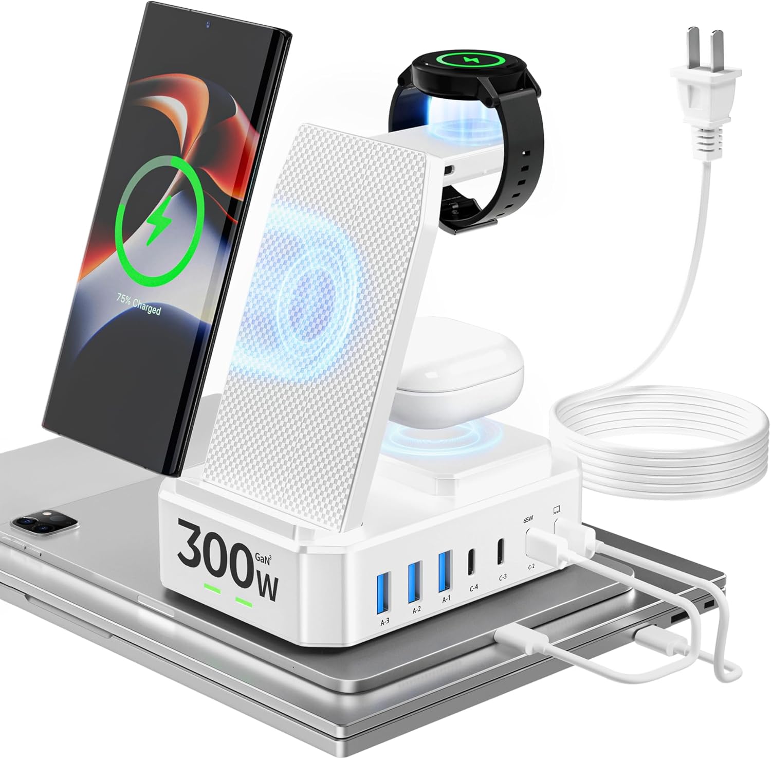 300W Wireless Charger for Samsung,Zutspzss 10 in 1 Wireless Charging Station, 65W USB C Fast Charging Stand for Samsung S25 Ultra/S24/S23/S22/Z Fold,Galaxy Watch Ultra7/6/5,Galaxy Buds,White