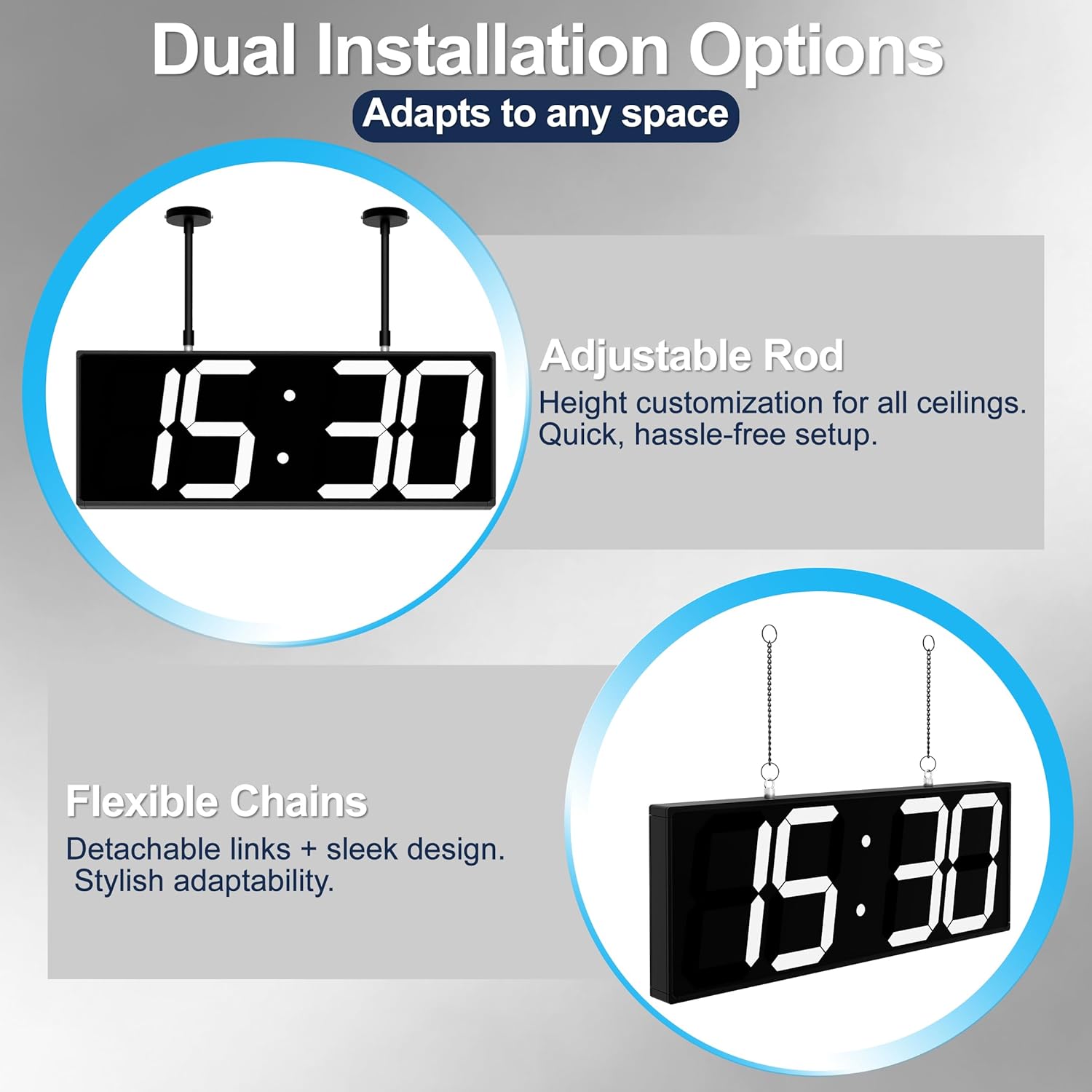 Large Double Sided Digital Wall Clock 19" with Remote Control,Suspended Design for Hospitals, Factories, Airports.