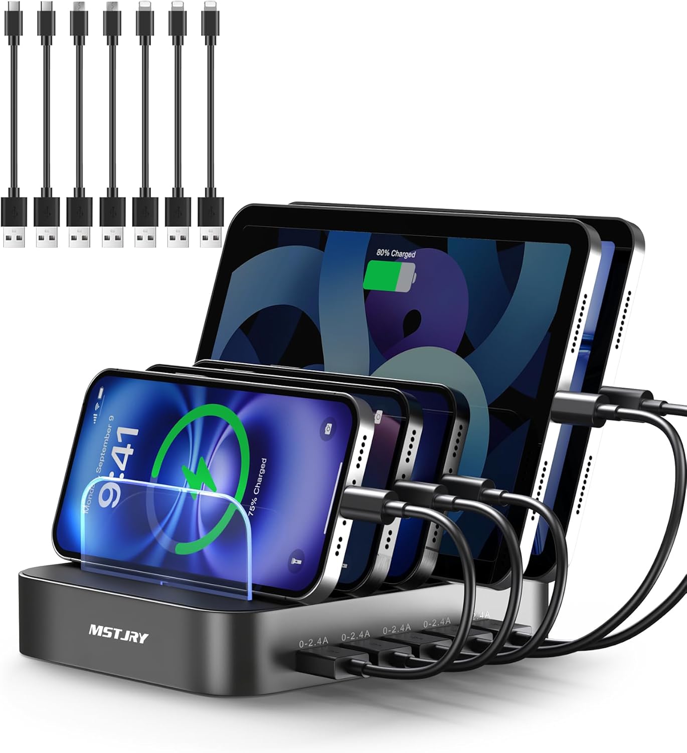 MSTJRY Charging Station for Multiple Devices : 5 Port Multi USB-A Charger Stations Multi-Device Organizer Charging Dock Designed for iPhone iPad Cell Phone Tablets (7 Short Cables Included), Gunmetal