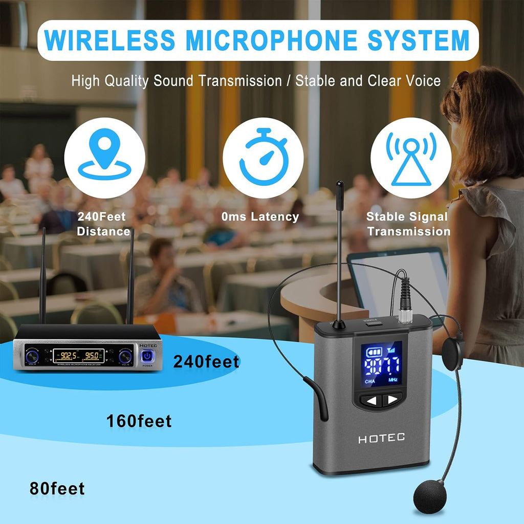 HOTEC UHF Wireless Microphone System with Dual Lapel/Lavalier and Headset Microphones Over PA, Mixer, Speaker, Karaoke Machine for Church, Training, Classroom, Interview (H-K25)