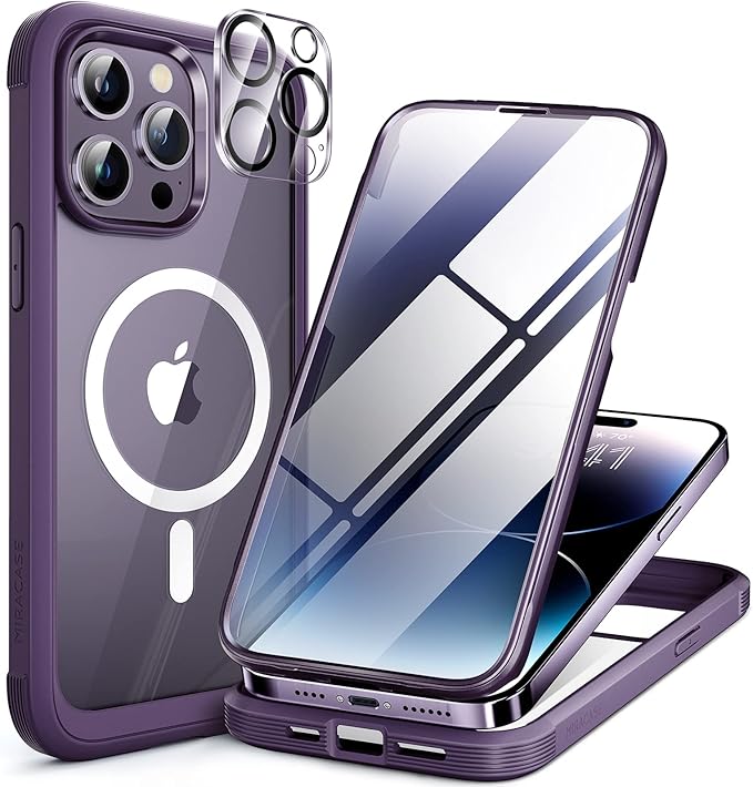 Miracase Magnetic for iPhone 14 Pro Max Case 6.7 inch, (Compatible with MagSafe) Upgrade Full-Body Clear Phone Bumper Case with Built-in 9H Tempered Glass Screen Protector, Magnetic Purple