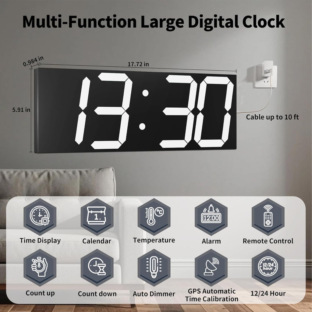 18.7'' Automic Digital Wall Clock, LED Digital Clock with Large Display, Multi-Function Wall Clock with Alarm and Timer, Auto Time Sync Clock with Adjustable Brigthness(White)