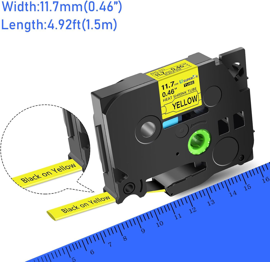 10 Pack Compatible for Ptouch HSe-631 HSe631 HS-631 HS631 Black on Yellow 11.7mm 0.46'' Heat Shrink Tubing Label Tape for Wire Cable use in PT-P710BT P700 P750W P900 Label Printer