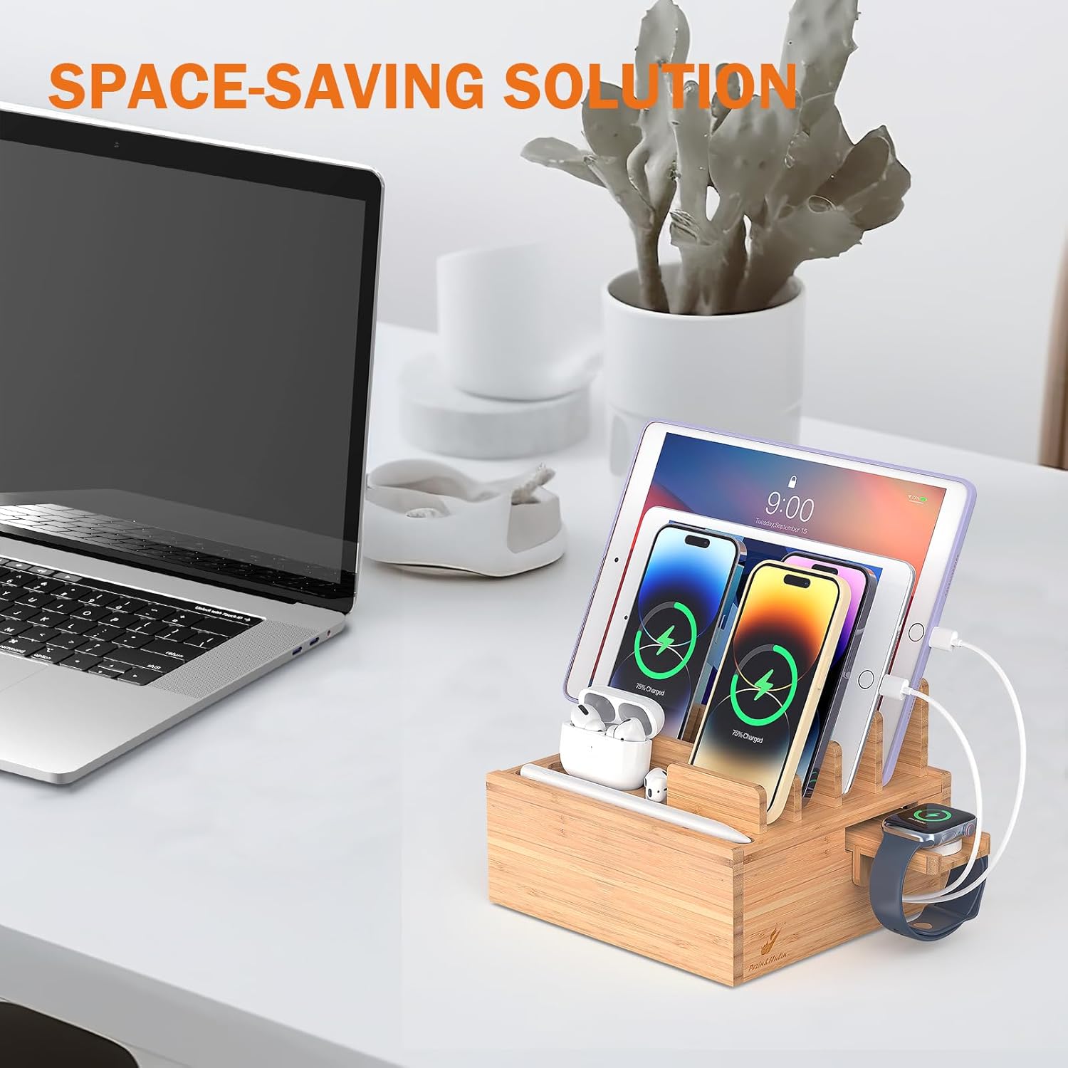 Pezin & Hulin Desktop USB Charging Station with Bamboo Charging Station, Desktop Charger Block, Compatible with Tablet, Cell Phone, Earbuds, Smartwatch