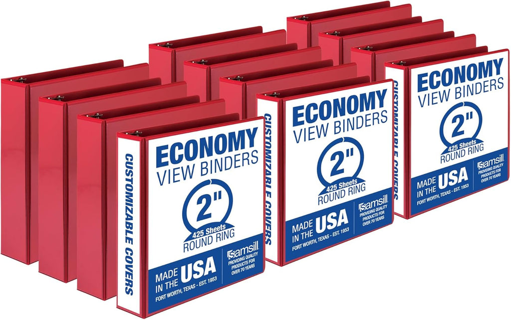 Samsill 2 Inch 3 Ring Binders, Made in USA, Economy Round Ring, Clear View Cover, 425 Sheet Capacity - for School, Home, Office - Red, 12 Pack