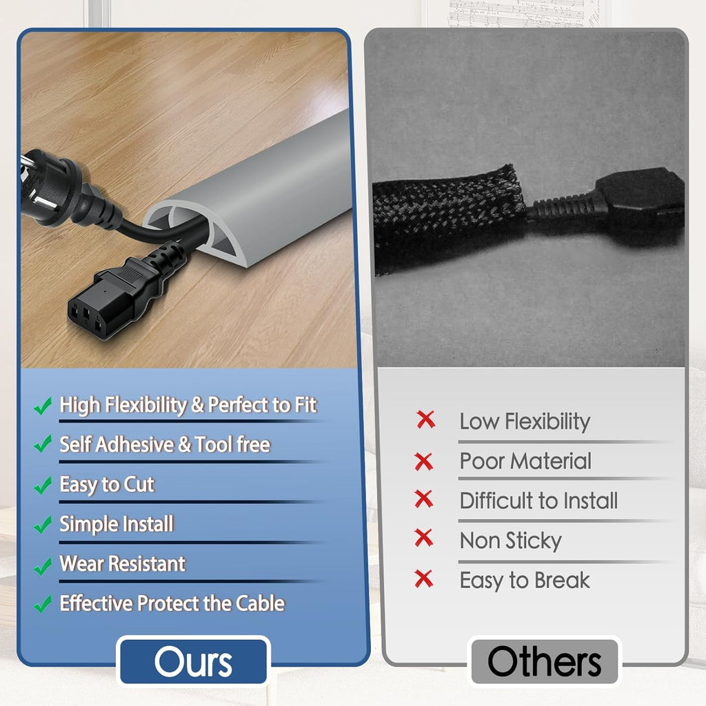 Floor Cord Cover for Wires on Floor Self Adhesive Cord Hider Floor Cable Management Wire Covers for Cords Protector Prevent Cable Trips Cord Cavity W 0.51" x H 0.31", Gray, 3.3Ft