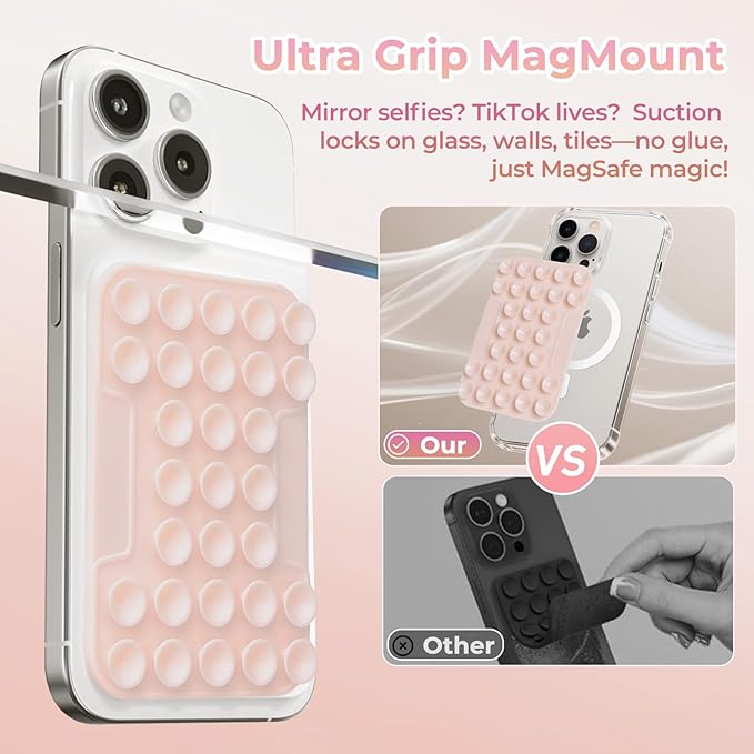 for MagSafe Suction Mount - 29 Silicone Suction Cup Phone Mount with Magnetic Phone Grip, for iPhone 12/13/14/15/16 Series, Hands-Free Sticky Grip for TikTok/Instagram, Light Pink