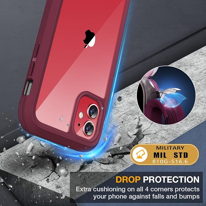 Miracase Glass Series for iPhone 11 Case 6.1 inch, Upgraded Full-Body Rugged Phone Bumper Case Cover with Built-in 9H Tempered Glass Screen Protector and Camera Protector, Wine Red