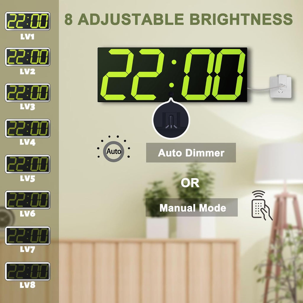 LED Large Digital Wall Clock, Oversize Digital Clock with 6” Numbers, Remote Control Count up/Countdown Timer Clock, Auto Dimmer, Big Calendar and Thermometer（Yellow