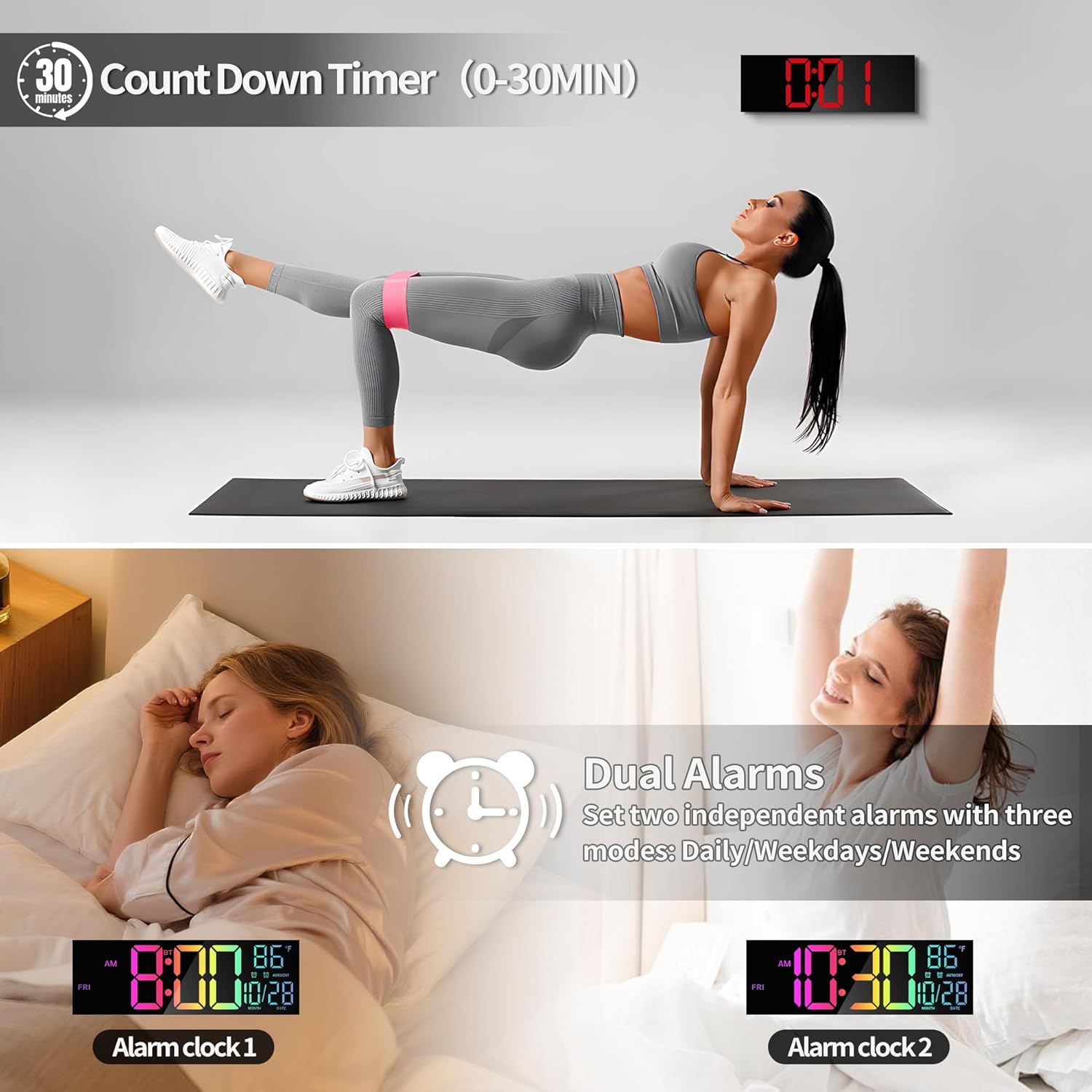 16.5" Large LED Wall Clock with Bluetooth Sync, Night Light, DST, 2 Alarms, RGB Color, Temperature, Remote Control, 12/24H, Timer for Living Room, Bedroom, Desk, Gift for Mother Father Elderly