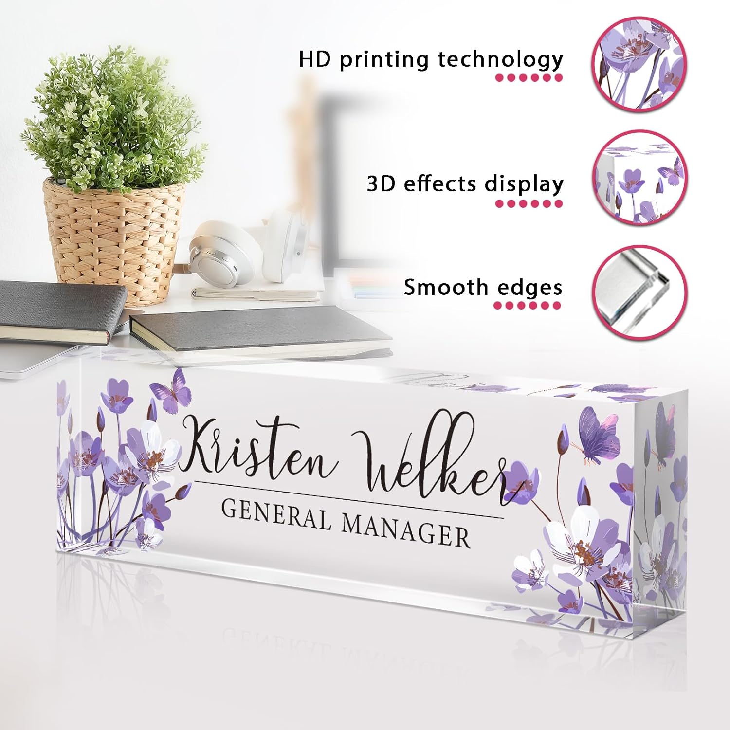 Personalized Name Plate for Desk - Custom Engraved Name Plates for Man - Boss Day Gifts for Boss - Acrylic Office Decor Appreciation Gifts for Teacher Nurse Coworker Social Worker (Orchids)