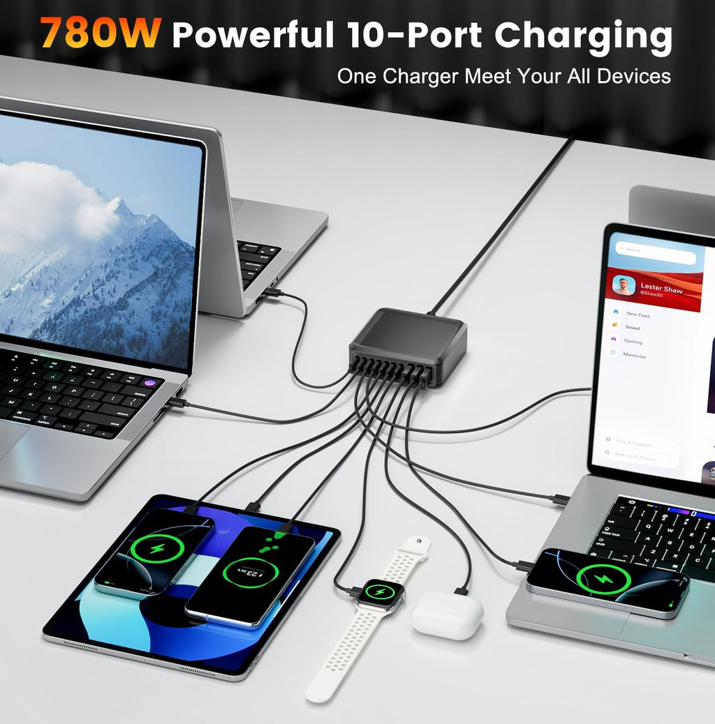 780W USB C Charger Block Fast 10-Port USB C Charging Station GaN PD 120W Laptop Charger Adapter for MacBook Pro/Air, DELL, iPad, iPhone, Samsung Galaxy