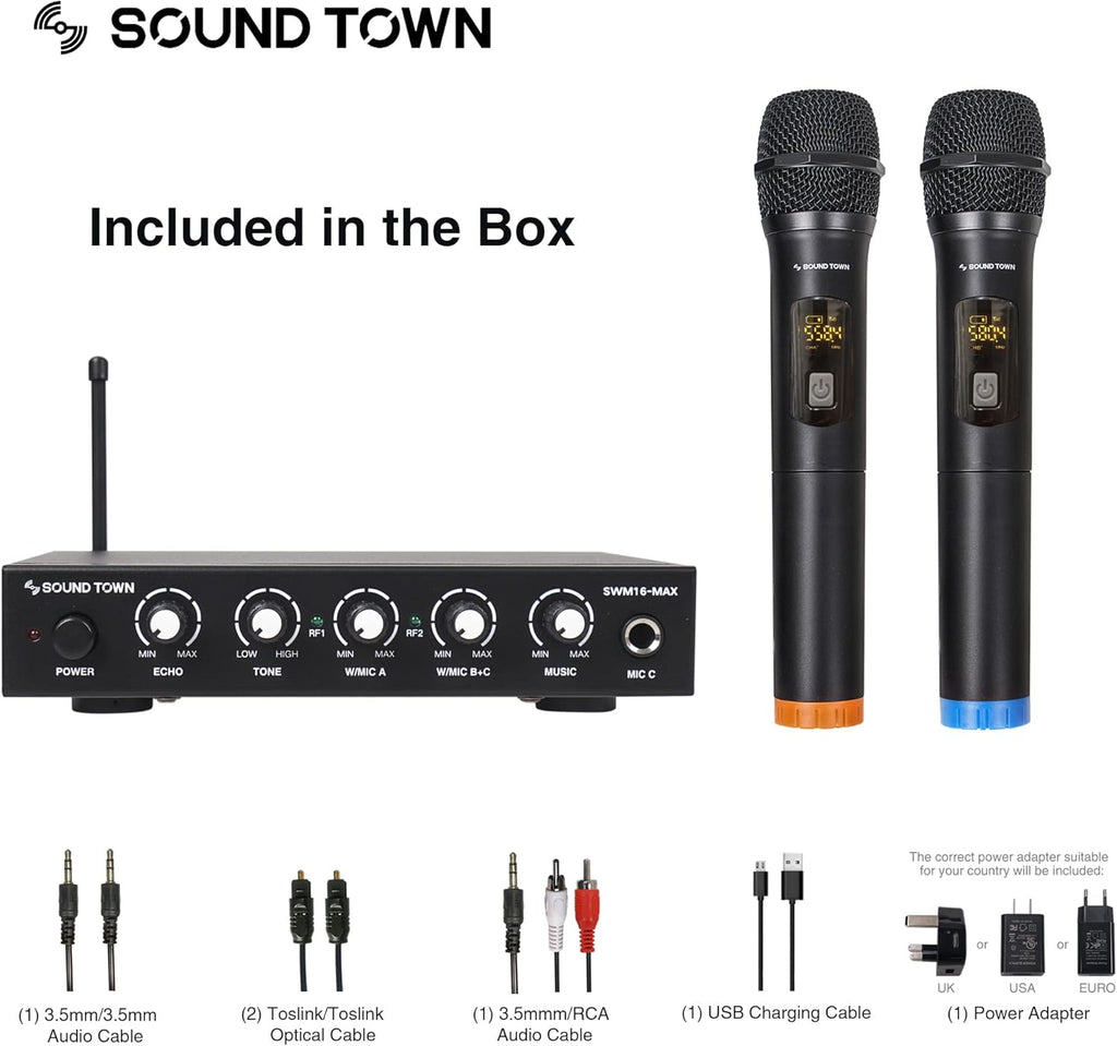 Sound Town Wireless Microphone Karaoke Mixer System with HD Audio Return Channel, Optical (Toslink), AUX, Supports Smart TV, Media Box, PC, Bluetooth, Soundbar, Receiver (SWM16-MAX)