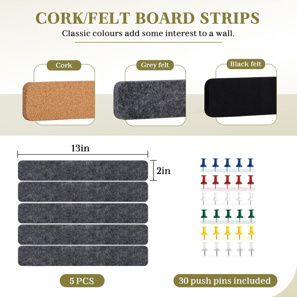 DOLLAR BOSS Bulletin Board Cork Strips for Walls-13x2 Inch, 1/2 Inch Thick, Adhesive Frameless Cork Board for Office, Home & School with 30 Push Pins, Grey