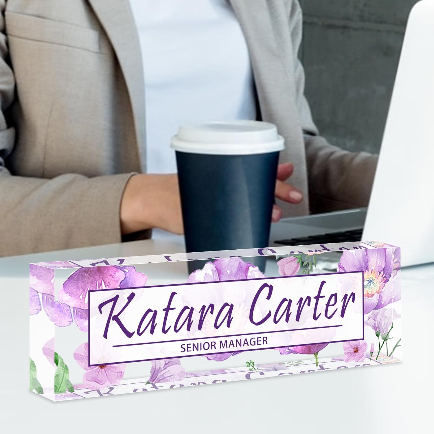 Name Plate for Desk Personalized, Acrylic Desk Decorations, Employee Appreciation Gifts, Custom Office Gifts for Coworkers, Boss, Teacher, Nurse (Purple Floating Flowers)