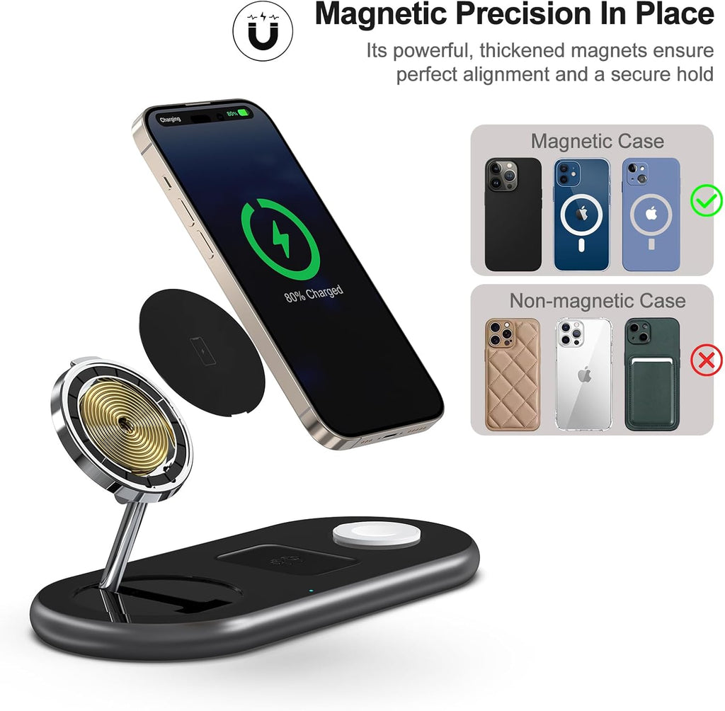 3 in 1 Charging Station for Apple Devices, Faster Mag-Safe Charger Stand, Magnetic Wireless Charger Station for iPhone 16 15 14 13 12 Series, for iWatch Ultra 10 9 8 7 SE 6 5 4 3, for AirPods (Black)