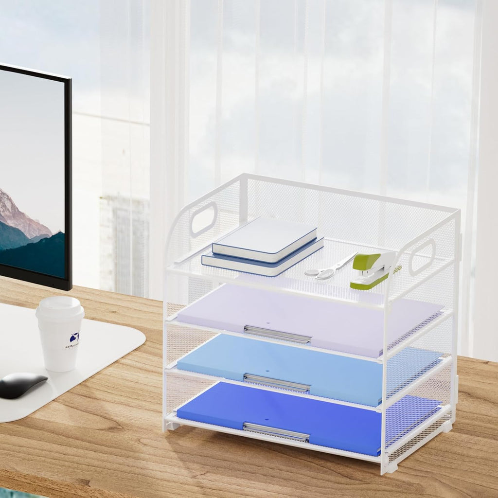 Marbrasse 4 Tier Paper Organizer Letter Tray, Mesh Desk File Organizer with Handle, Paper Sorter Organizer for Letter /A4 Office File Folder Holder（White, 12.6" x 9.1" x 10.7"）