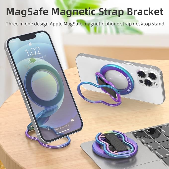Magnetic-Phone-Grip-Stand-with-Finger-Strap, 4-in-1 Magnetic Ring Holder, Kickstand and Elastic Strap for Smartphones, Universal Fit for iPhone, Android, and Cases (Colorful)