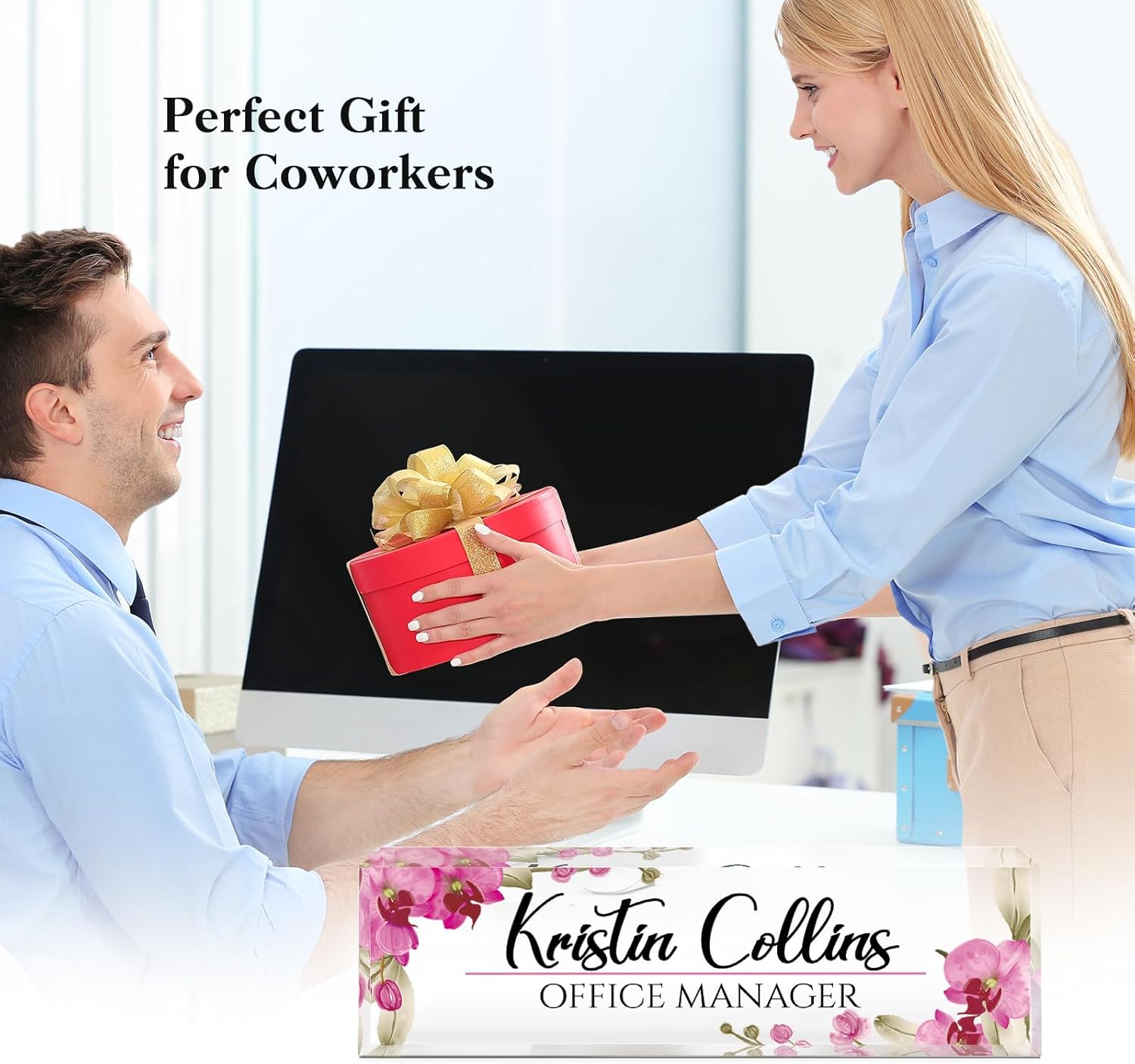 Custom Name Plate for Desk, Acrylic Office Decor For Women Men, Personalized Office Desk Accessories, Teacher Employee Appreciation Gifts For Social Worker Boss Coworkers (Flowers-2)