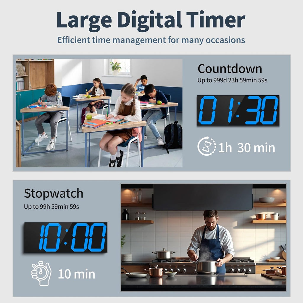 18.7'' Automic Digital Wall Clock, LED Wall Clock with Large Display, Multi-Function Clock with Alarm and Timer, Auto Time Sync Digital Clock with Adjustable Brigthness(Blue)