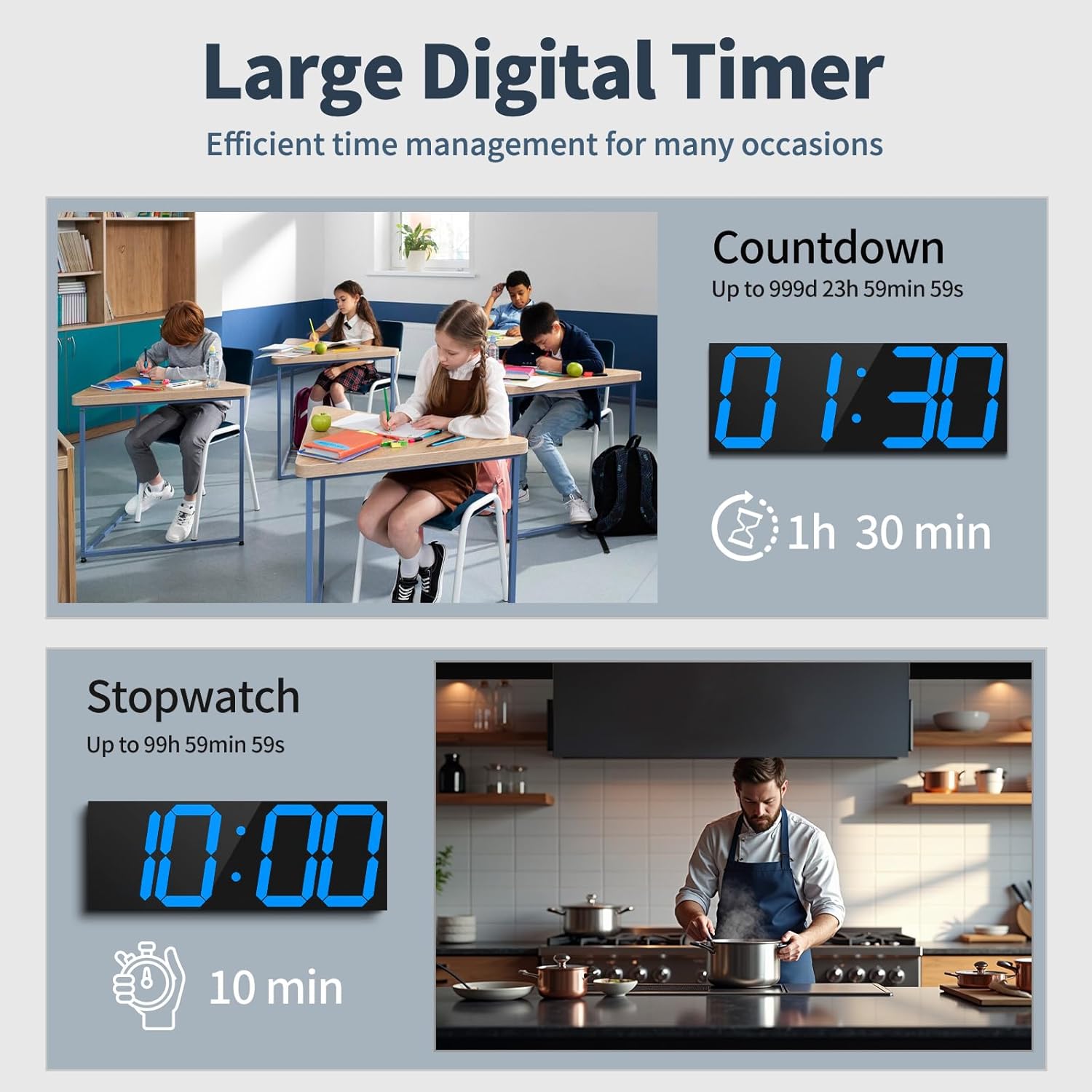 18.7'' Automic Digital Wall Clock, LED Wall Clock with Large Display, Multi-Function Clock with Alarm and Timer, Auto Time Sync Digital Clock with Adjustable Brigthness(Blue)