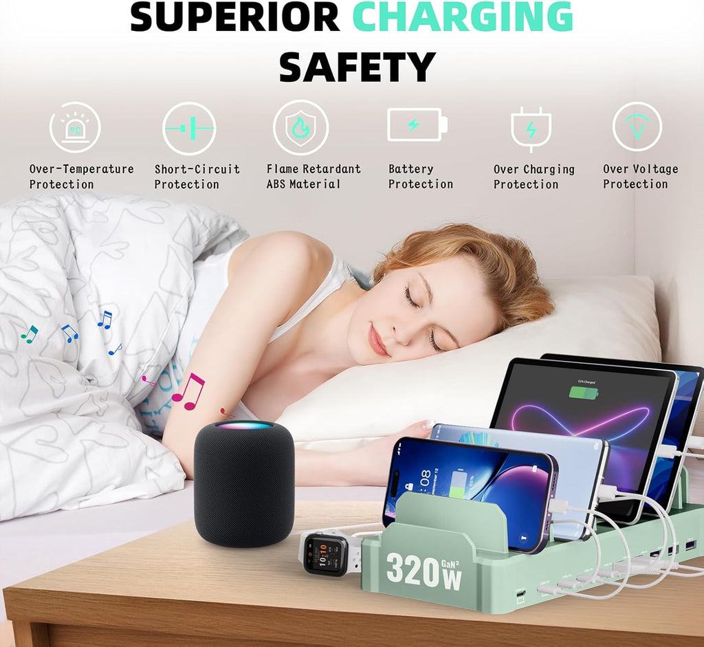 Charging Station for Multiple Devices, Zobirez 10-Port USB C Fast Charger Stations for MacBook, iPhone, Android Cell Phone, iPad, Tablet, Family Multi-Device Organizer Charging Dock, Green