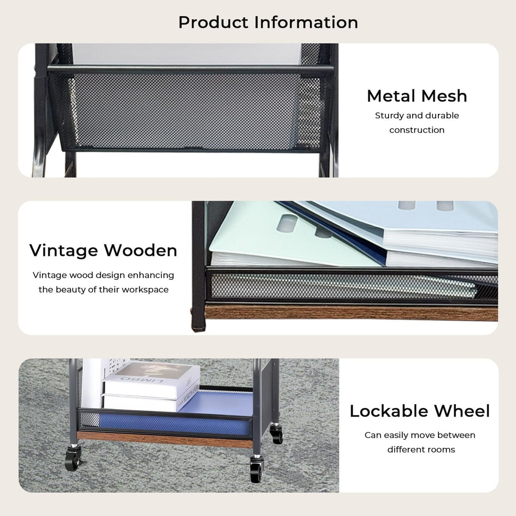 8-Tier Rolling File Cart with Lockable Wheels, Dual-Sided Bookshelf and Storage Racks, Easy to Assemble Space-Saving Utility Organizer for Home, Office, Classroom, School, or Living Room