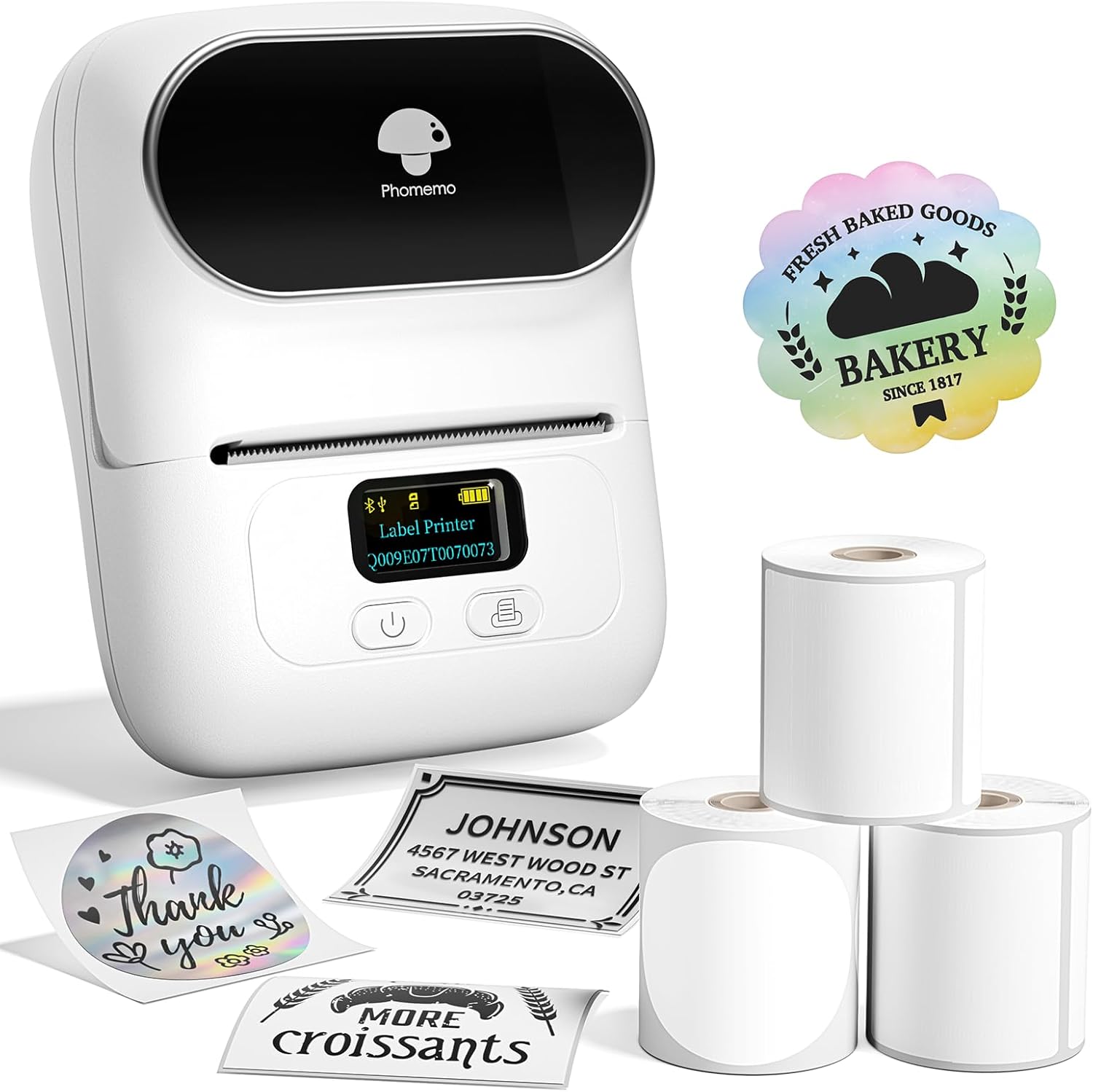 Phomemo M110 Label Printer - Bluetooth Portable Label Maker No Ink, Mini Barcode Label Printer for Retail, Address, Barcode, Home, for PC/Mac, iOS/Android with 3pack Most Used Labels, Snow White