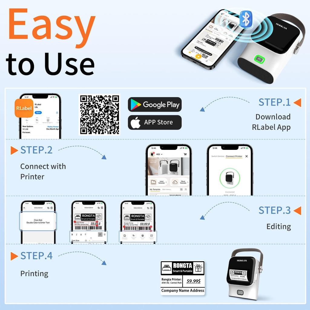 Rongta Bluetooth Label Maker Machine with Tape, Thermal Label Printer for Office, Small Business Essentials, Home Organization, Portable Inkless Sticker Label Maker with 2x1.18 inch Labels-150pcs