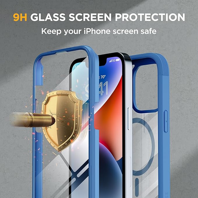 Miracase Magnetic for iPhone 14 Case 6.1", [Built-in Tempered Glass Screen Protector + Lens Protector] [Compatible with MagSafe] Full-Body Protective Bumper 14 Phone Cover, Blue