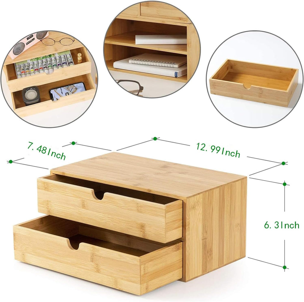 Bamboo Desk Drawer Organizer, 2 Drawer Desktop Organizer with Drawers Tabletop Storage Organization Box for Office Home Toiletries Supplies Vanity, No Assembly Required