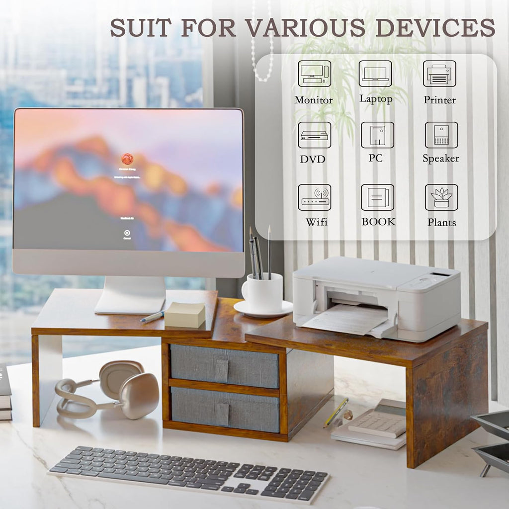 TEAMIX Dual Monitor Stand Riser with 2 Drawers - Length and Angle Adjustable 3 Shelf Monitor Riser with Storage Desk Organizer Large Monitor Stand for 2 Monitors/Laptop/PC,Screen/TV Stand Riser