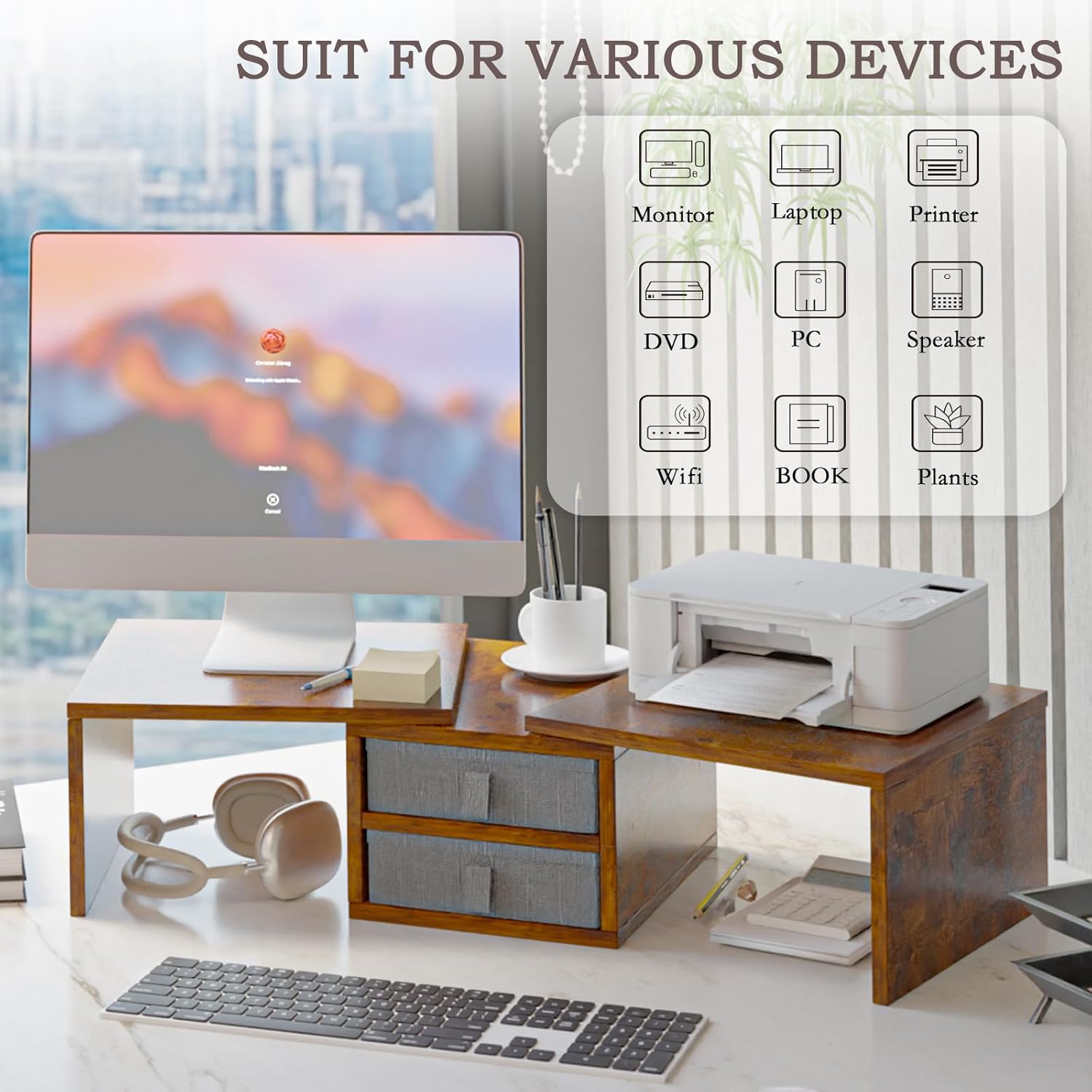 TEAMIX Dual Monitor Stand Riser with 2 Drawers - Length and Angle Adjustable 3 Shelf Monitor Riser with Storage Desk Organizer Large Monitor Stand for 2 Monitors/Laptop/PC,Screen/TV Stand Riser