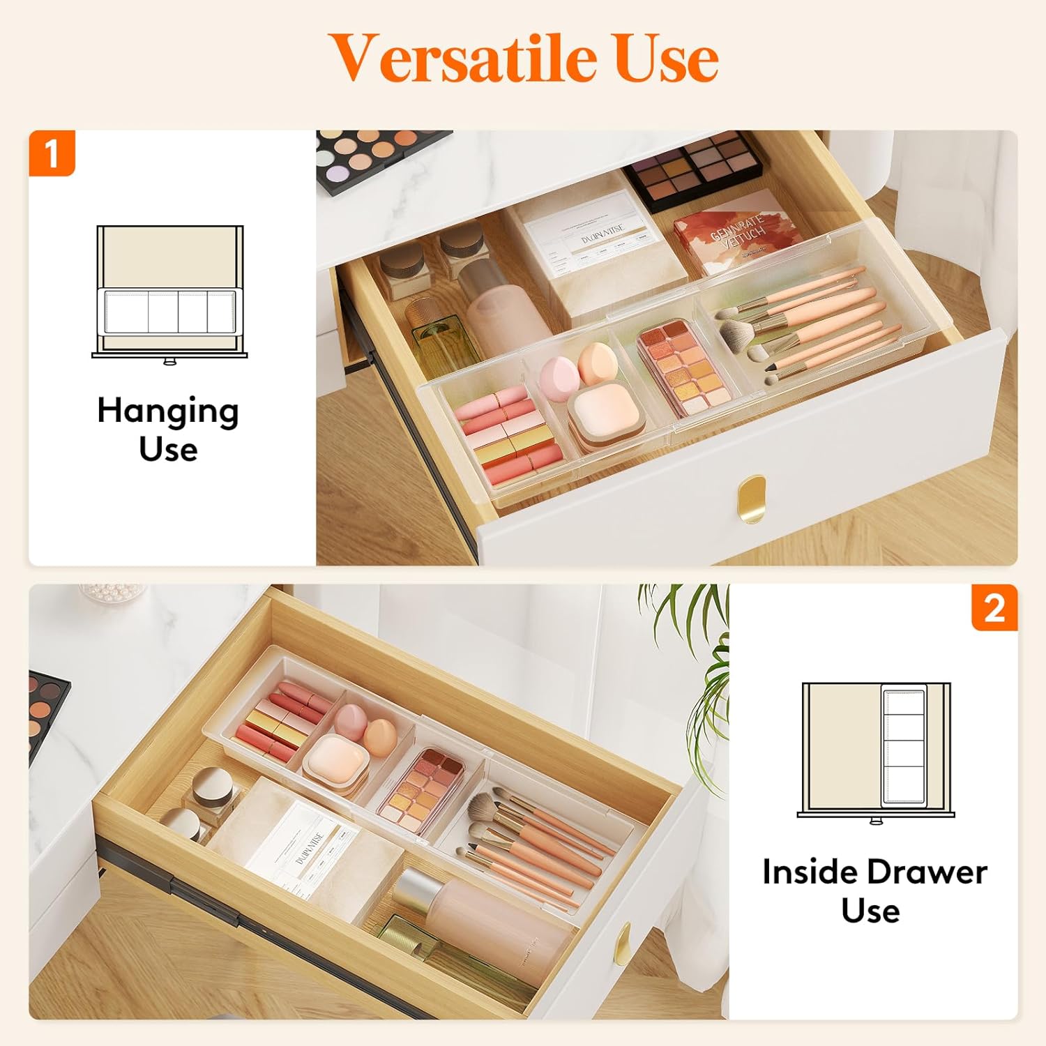 Lifewit Sliding Makeup Drawer Organizer Trays with Inserts, Extendable Hanging Desk Drawer Divider, Fits 13-20" Deep Drawers, 1.8" High Plastic Organizer Tray for Vanity, Office, Kitchen, White