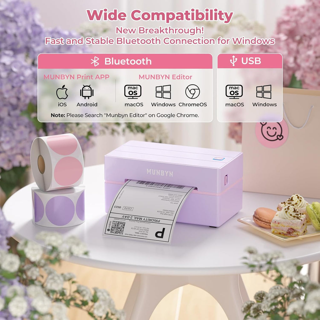 MUNBYN Bluetooth Thermal Label Printer, 130B Wireless 4x6 Shipping Label Printer for Shipping Packages Small Business Office or Home, Compatible with iPhone Android iPad Windows macOS Chrome Etsy eBay