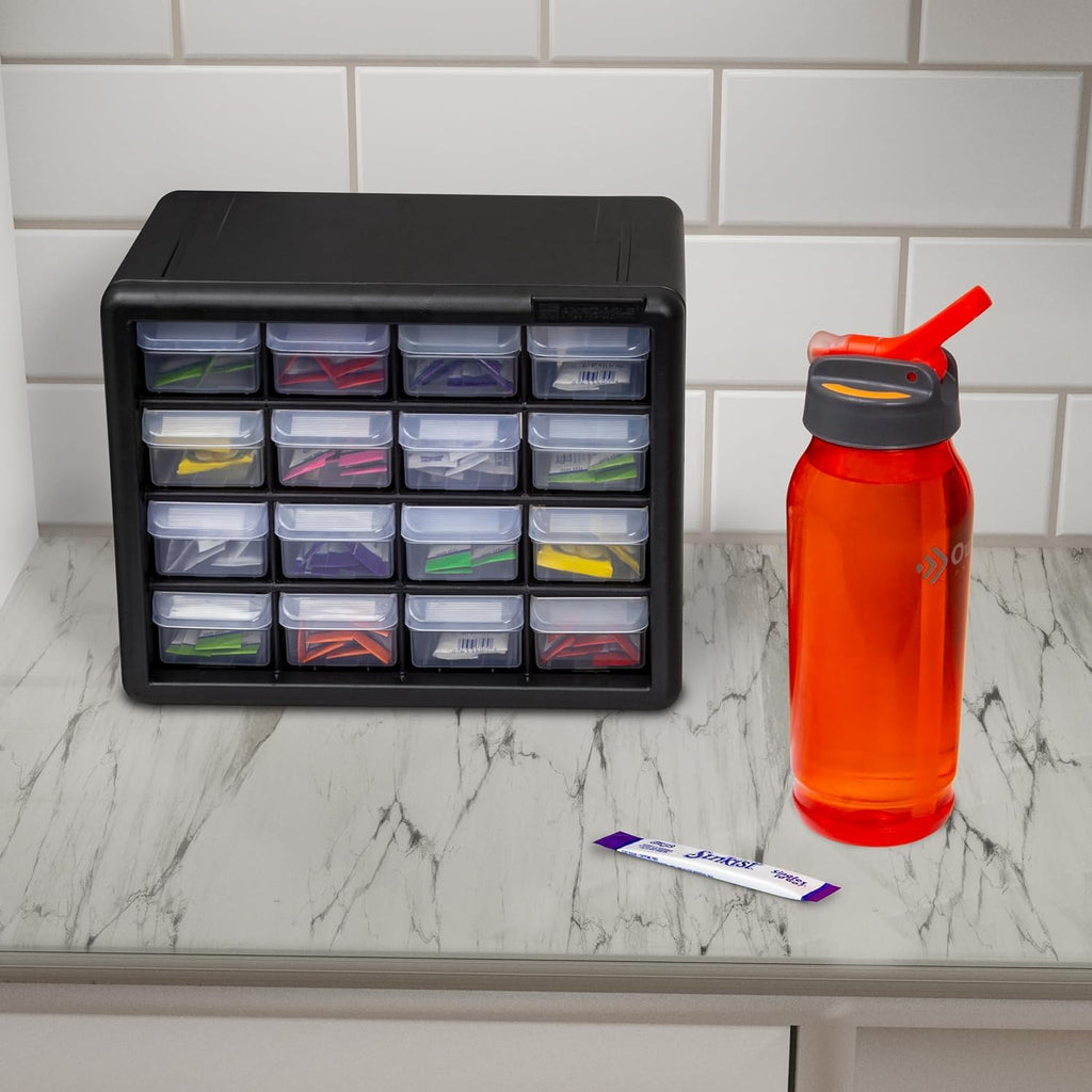 Akro-Mils 16-Drawer Plastic Drawer Storage Cabinet for Garage Organization, Beads, Makeup Organizer, Building Bricks Storage, Teacher Toolbox, 10-1/2-Inch W x 6-1/2-Inch D x 8-1/2-Inch H, 10116 Black