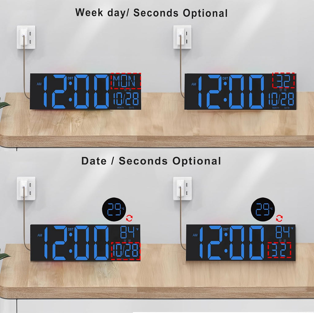 JALL 30" Large Digital Wall Mount Clock with Remote Control, Alarm, Big LED, Countdown, Auto DST, Temperature for Living Room Classroom Desk, Xmas, Birthday Gift for Senior Men Women Mom Dad, Blue