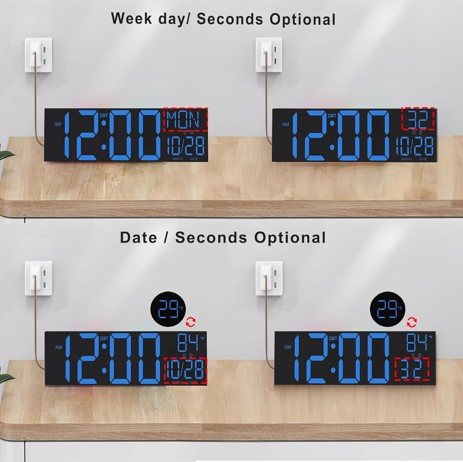 JALL 30" Large Digital Wall Mount Clock with Remote Control, Alarm, Big LED, Countdown, Auto DST, Temperature for Living Room Classroom Desk, Xmas, Birthday Gift for Senior Men Women Mom Dad, Blue