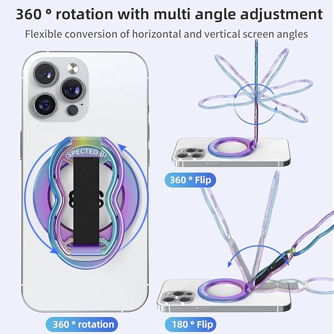 Magnetic-Phone-Grip-Stand-with-Finger-Strap, 4-in-1 Magnetic Ring Holder, Kickstand and Elastic Strap for Smartphones, Universal Fit for iPhone, Android, and Cases (Colorful)