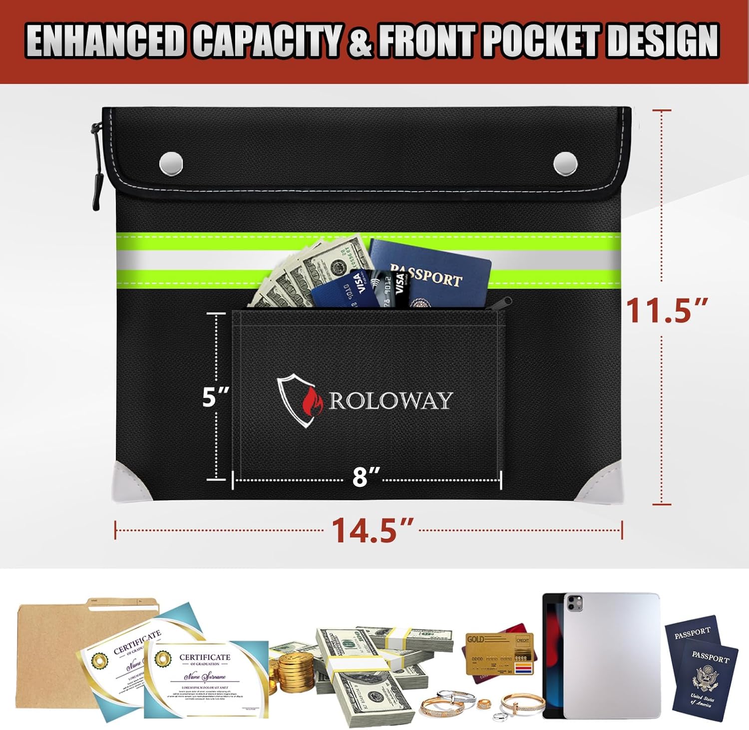 ROLOWAY Upgraded Fireproof Document Bag (14.5 x 11.5 inch) with 6400℉ Aluminum Foil Layer, Fireproof Safe Bag for Documents with Front Pocket and Reflective Strip