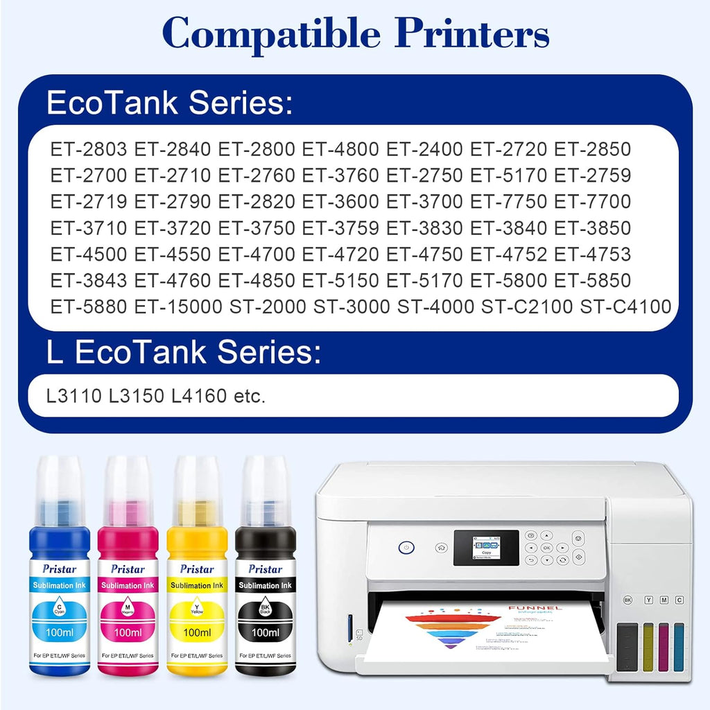 Pristar Sublimation Ink for EPS Ecotank ET 2803 ET-2800 ET-4800 ET-2850 2840 ET-2710 ET 2720 ET 2760 ET-15000 ET-3760 ET-2400 ET-2750 5170 400 ml Supertank Printer Autofill Ink for Sublimation Transfe